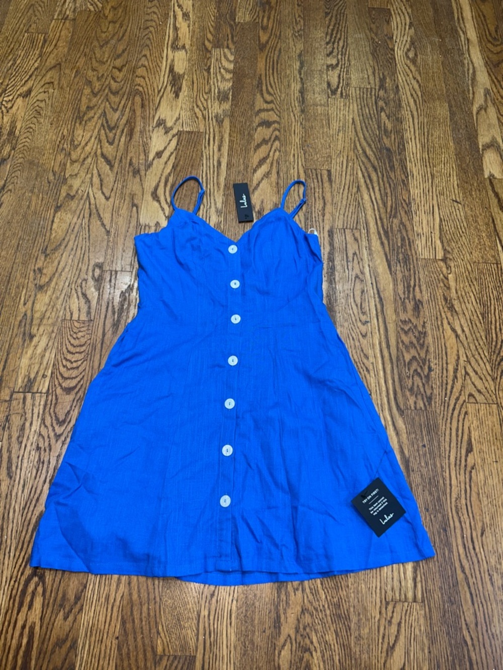Lulu's Cobalt Button-Front Mini Linen Wedding Guest Graduation Dress - Picture 5 of 6